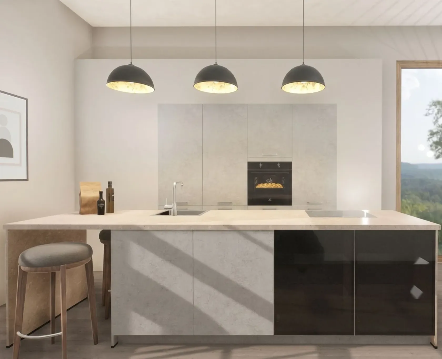 keittiö im modernien Beton-Look mit ovet der Serie Quadra in Graubeton-Optik. Die strukturierten grauen Betonfronten an Schränken und keittiöninsel verleihen der keittiö ein urbanes Industrie-Design.