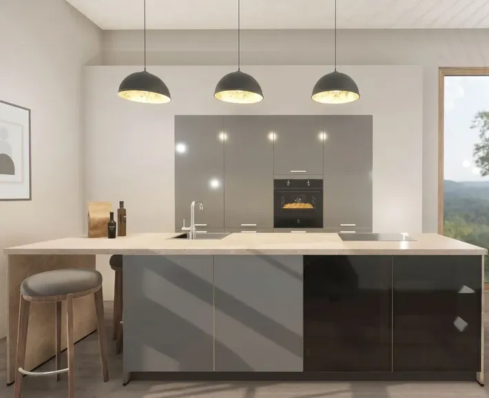 Moderni Design-keittiö mit hochglänzenden ovet der Serie Idea in liuskeharmaa. Die reflektierenden schiefergrauen korkeat kaapit und die keittiöninsel wirken besonders edel in Kombination mit der hellen työtaso.