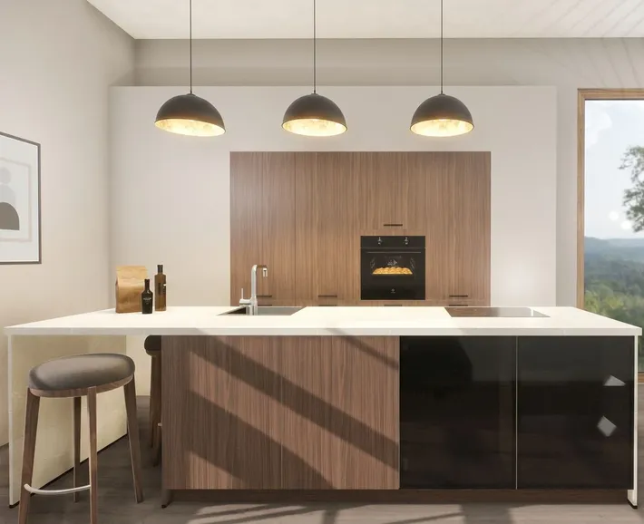 Edle keittiö mit Materia-ovet in warmer Milano-Walnuss-Optik. Die feine, elegante puusyykuvio der Walnuss-ovet an korkeat kaapitn und keittiöninsel wirkt besonders hochwertig und wohnlich.