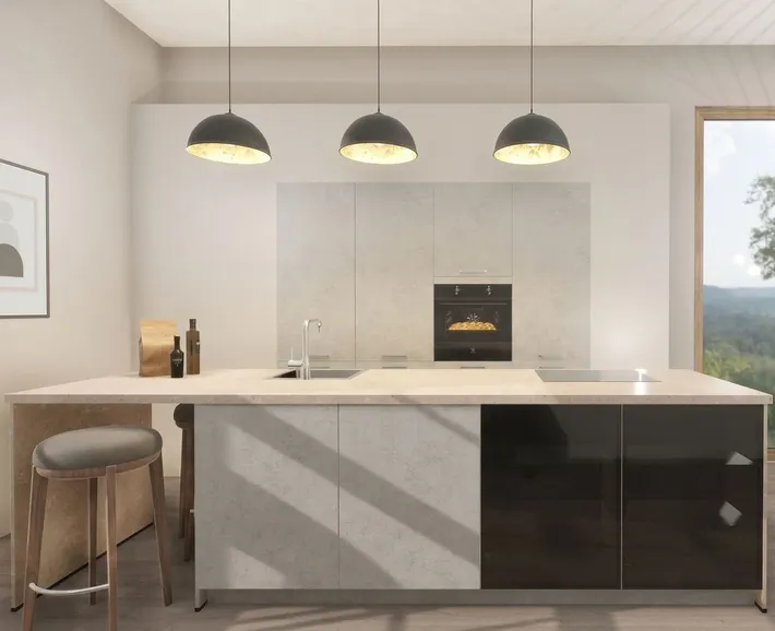 keittiö im modernien Beton-Look mit ovet der Serie Quadra in Graubeton-Optik. Die strukturierten grauen Betonfronten an Schränken und keittiöninsel verleihen der keittiö ein urbanes Industrie-Design.