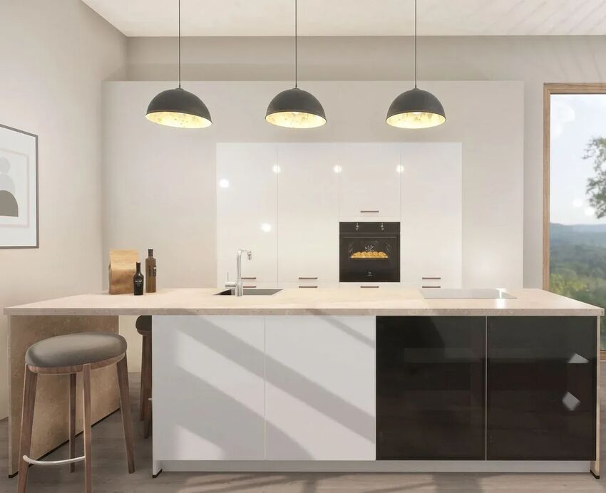 Stilvolle keittiö mit Idea-ovet in hochgläzendem Satingrau. Die sanft spiegelnden hellgrauen ovet an Schränken und keittiöninsel sorgen für einen eleganten Look, kombiniert mit schwarzen Akzenten. Stilvolle keittiö mit Idea-ovet in hochgläzendem Satingrau. Die sanft spiegelnden hellgrauen ovet an Schränken und keittiöninsel sorgen für einen eleganten Look, kombiniert mit schwarzen Akzenten.