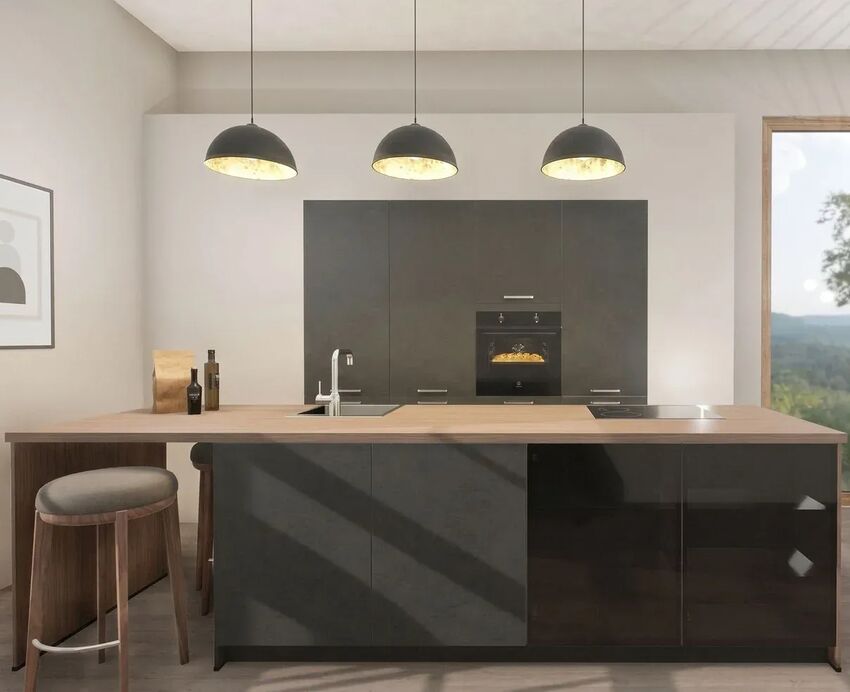 Industrial-Style keittiö mit Innova-ovet in dunkler, strukturierter mustabeton-Optik. Die ausdrucksstarken ovet an korkeat kaapitn und keittiöninsel verleihen dem Raum einen modernien Loft-Charakter. Industrial-Style keittiö mit Innova-ovet in dunkler, strukturierter mustabeton-Optik. Die ausdrucksstarken ovet an korkeat kaapitn und keittiöninsel verleihen dem Raum einen modernien Loft-Charakter.