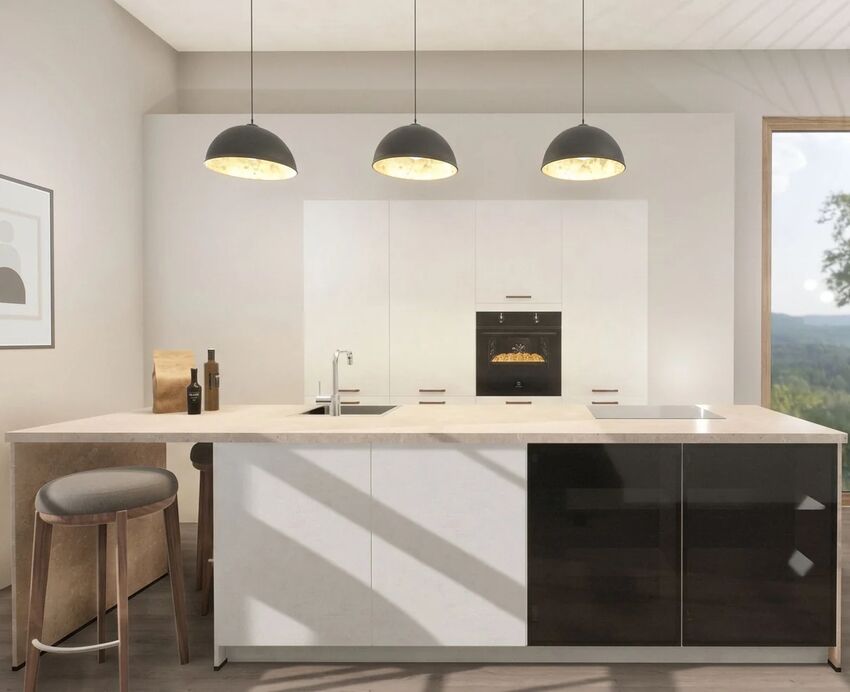 Moderni Design-keittiö der Serie Quadra im hellen valkoinenbeton-Dekor. Die fein strukturierte, weiße betonilook der ovet an korkeat kaapitn und keittiöninsel verleihen dem Raum einen modernien Loft-Charakter. Moderni Design-keittiö der Serie Quadra im hellen valkoinenbeton-Dekor. Die fein strukturierte, weiße betonilook der ovet an korkeat kaapitn und keittiöninsel verleihen dem Raum einen modernien Loft-Charakter.